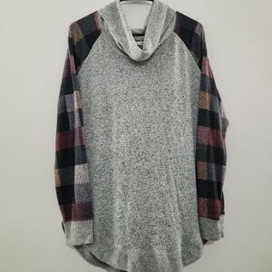 Maurices Gray With Plaid Sleeevs Cowl Neck Sweater.